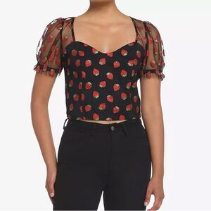 NWT Hot Topic Strawberry Glitter Mesh Crop Top M Y2K Grunge Romantic Puff Sleeve